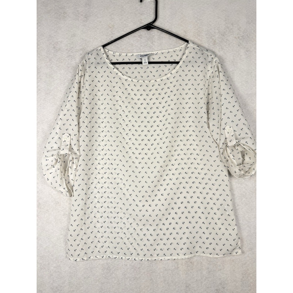 Old Navy Women's Small White Blue Anchor Print Roll Tab 3/4 Sleeve Blouse Top